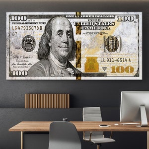 100 Dollar Bill Wall Art, Motivational Money Canvas Print for Office Decor