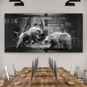 Wall Street Bull And Bear Art Canvas Print Office Decor Trader 100 Dollar Bill Money Sign Investing Stock Market Artwork Trading Printable