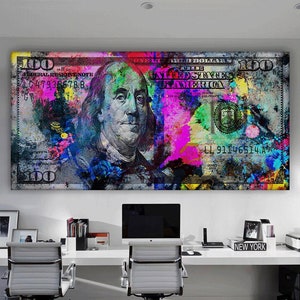 100 Dollars Bill Wall Art Canvas Print Office Decor Money Pop Art Entrepreneur Motivational 100 Bill Cash Printable Wealth Investing Poster