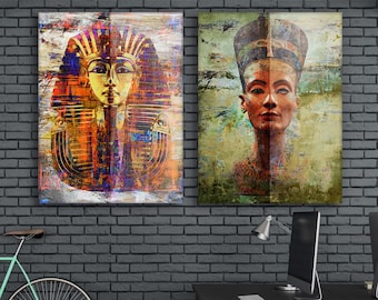 Conjunto de 2 pôsteres egípcios para parede – Faraó e Nefertiti em tela, decoração do Egito Antigo, pôster histórico colorido, estilo boho, arte para parede de escritório.