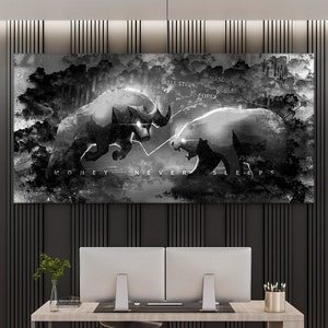Trader Office Decor, Forex Investing, Charging Bull vs Bear Market Poster, Money Motivation Sign, Wall Street Bull Stock Market Canvas Print