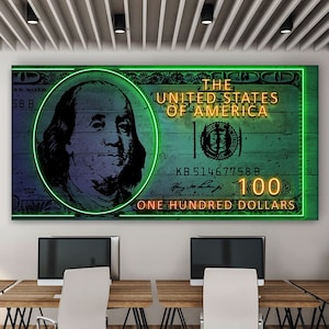 Neon Money Sign Canvas Print: Wealthy Office Decor, Motivational Dollar Bill Digital Art Poster Entrepreneur Wall Printable, Finance Sign