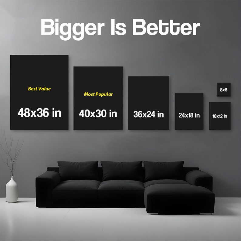 May include: A comparison of different sizes of canvas prints, with the text "Bigger Is Better" at the top. The sizes are 48x36 inches, 40x30 inches, 36x24 inches, 24x18 inches, and 18x12 inches. The prints are displayed on a wall above a black sectional sofa.