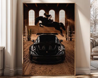 Luxury Horse Art, Black Sports Car Canvas Print, Equestrian Decor, Modern Garage Wall Art, Racing Inspired Poster, Office Decor - SH501A