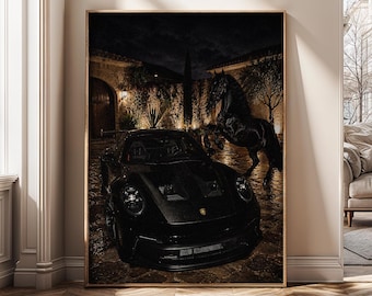Luxury Black Horse Wall Art, Exotic Sports Car Canvas Print, Luxury Garage Decor, Dark Mansion Poster, Office Wall Decor Gift - SH500A