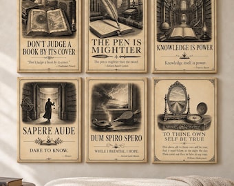 6x Vintage Library Wall Art Set, Wisdom Quote Canvas Prints, Dark Academia Decor, Literary Posters, Study Room Gallery Wall
