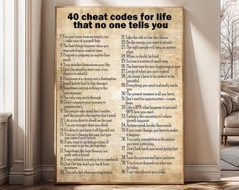 May include: A framed print with the text "40 cheat codes for life that no one tells you" in black font. The print has a vintage, aged paper appearance and is displayed on a wall. The text is organized in numbered points.