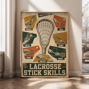 May include: A vintage-style instructional poster titled LACROSSE STICK SKILLS, featuring a large central lacrosse stick surrounded by smaller illustrations demonstrating techniques: cradle, pass, catch, scoop, shoot, protect, and dodge.