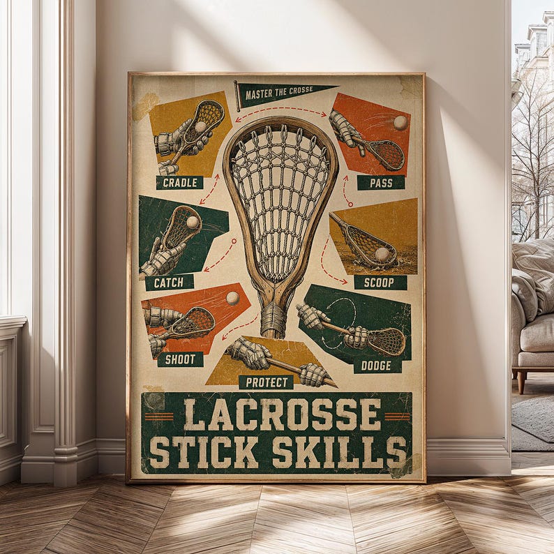 May include: A vintage-style instructional poster titled LACROSSE STICK SKILLS, featuring a large central lacrosse stick surrounded by smaller illustrations demonstrating techniques: cradle, pass, catch, scoop, shoot, protect, and dodge.