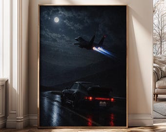 Moonlit Sports Car Wall Art, Night Highway Canvas Print, Fighter Jet Decor, Dark Automotive Poster, Modern Office Artwork - SH527A