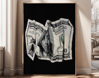 Crumpled Dollar Bill Wall Art, Money Canvas Print, Black White Finance Poster, Wealth Aesthetic Wall Decor, Minimalist Money Art - SH90