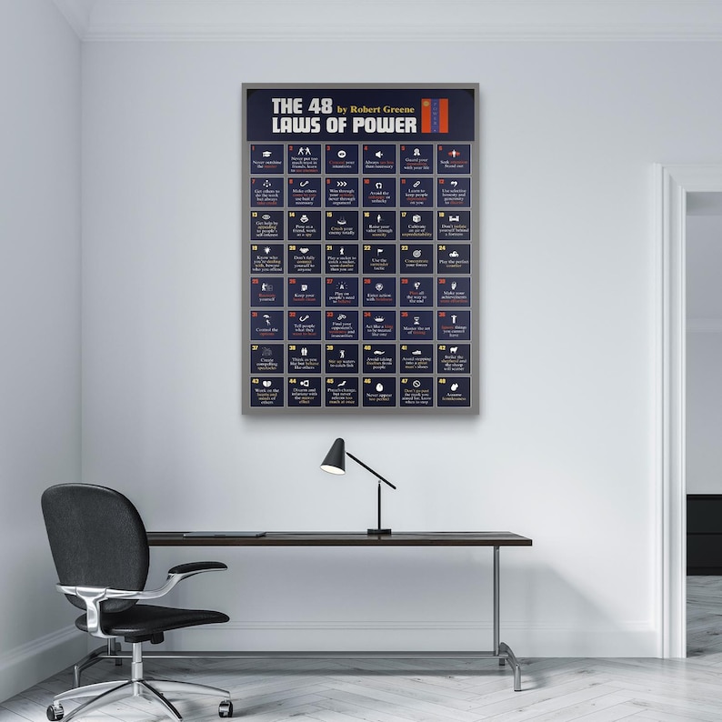 Puede incluir: Un p&oacute;ster enmarcado titulado "Las 48 leyes del poder" de Robert Greene. El p&oacute;ster presenta una cuadr&iacute;cula de 48 cuadrados numerados, cada uno con un s&iacute;mbolo y una breve descripci&oacute;n. Cuelga en una pared blanca sobre un escritorio negro, una silla negra y una l&aacute;mpara de escritorio negra.