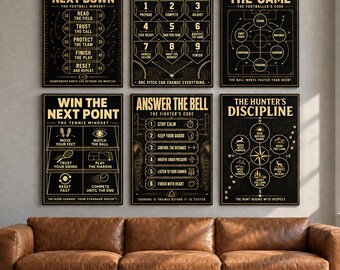 6x Sports Motivation Wall Art Set, Football Baseball Tennis Boxing Hunting Posters, Athlete Mindset Canvas, Coach Office Decor
