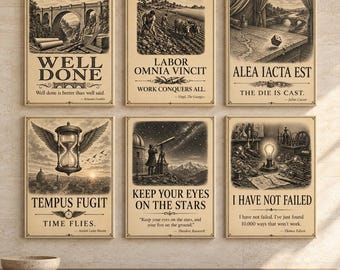 6x Vintage Motivation Wall Art Set, Stoic Quote Canvas Prints, Classical Office Decor, Latin Wisdom Posters, Study Room Artwork