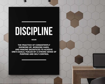 May include: Black and white motivational poster with the word "DISCIPLINE" in large white letters. The definition of discipline is written in smaller white letters below the word.