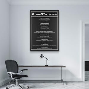 May include: A framed black and white poster titled "12 Laws Of The Universe" hangs on a white wall. The poster lists twelve laws in white text. A black desk, chair, and lamp are in front of the poster.