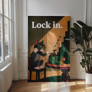 May include: A framed canvas print featuring a cartoon cat wearing sunglasses and using a rotary phone. The print includes the text "Lock in." and a cartoon mouse. The background is a warm, vintage-style interior.