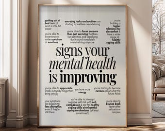 Zeichen Ihrer psychischen Gesundheit verbessern sich, Wandkunst, psychische Gesundheit Poster, Therapie Bürodeko, Selbstfürsorge Zitat Druck, Leinwanddruck - SH65W