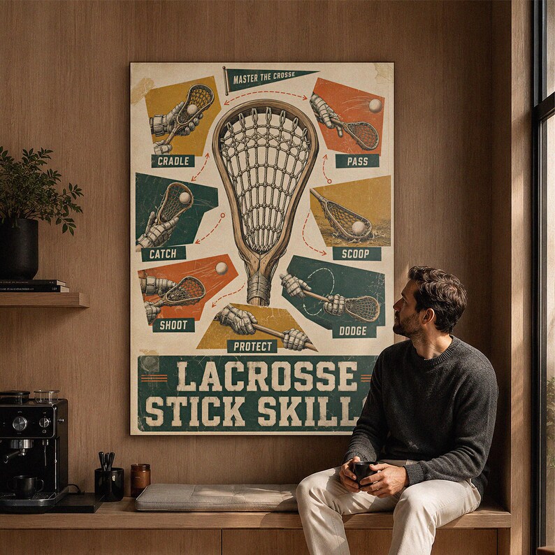 May include: A rectangular wall poster titled Lacrosse Stick Skills featuring a large central lacrosse stick and six smaller illustrations showing techniques labeled Cradle, Pass, Catch, Scoop, Shoot, and Dodge with the text Master the Crosse.