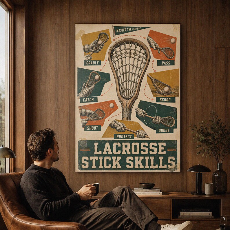 May include: A rectangular wall poster titled Lacrosse Stick Skills featuring a large central lacrosse stick head surrounded by six smaller illustrations demonstrating techniques labeled Cradle, Pass, Catch, Scoop, Shoot, and Protect.