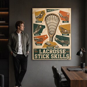 May include: A rectangular wall poster titled Lacrosse Stick Skills featuring a large central lacrosse stick surrounded by six smaller illustrations demonstrating techniques labeled cradle, pass, catch, scoop, shoot, dodge, and protect.