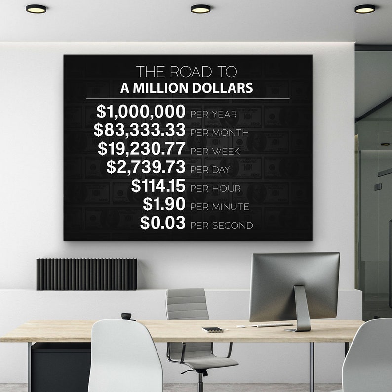 A Million Dollars road canvas print for your home, workspace, or office decor! When you have a million-dollar vision, dont surround yourself with 1 cent minds and get your daily reminder art print of what it takes to reach 1 Million Dollars a year