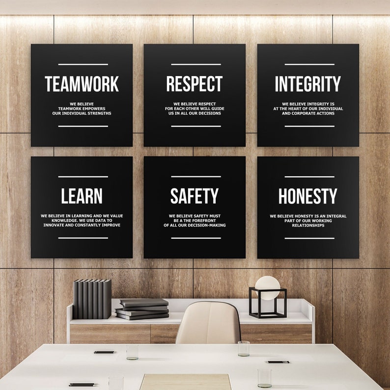 This inspirational teamwork wall art of Company Core Values will work as a daily reminder for your team to follow the simple principles of your successful company philosophy! Take your extra inspiration dose of honesty, safety, integrity, teamwork.