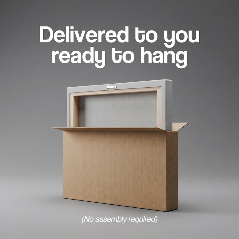 May include: A canvas print, ready to hang, is shown partially removed from its brown cardboard box. The text "Delivered to you ready to hang" is displayed in white letters at the top. The bottom of the box reads "(No assembly required)".