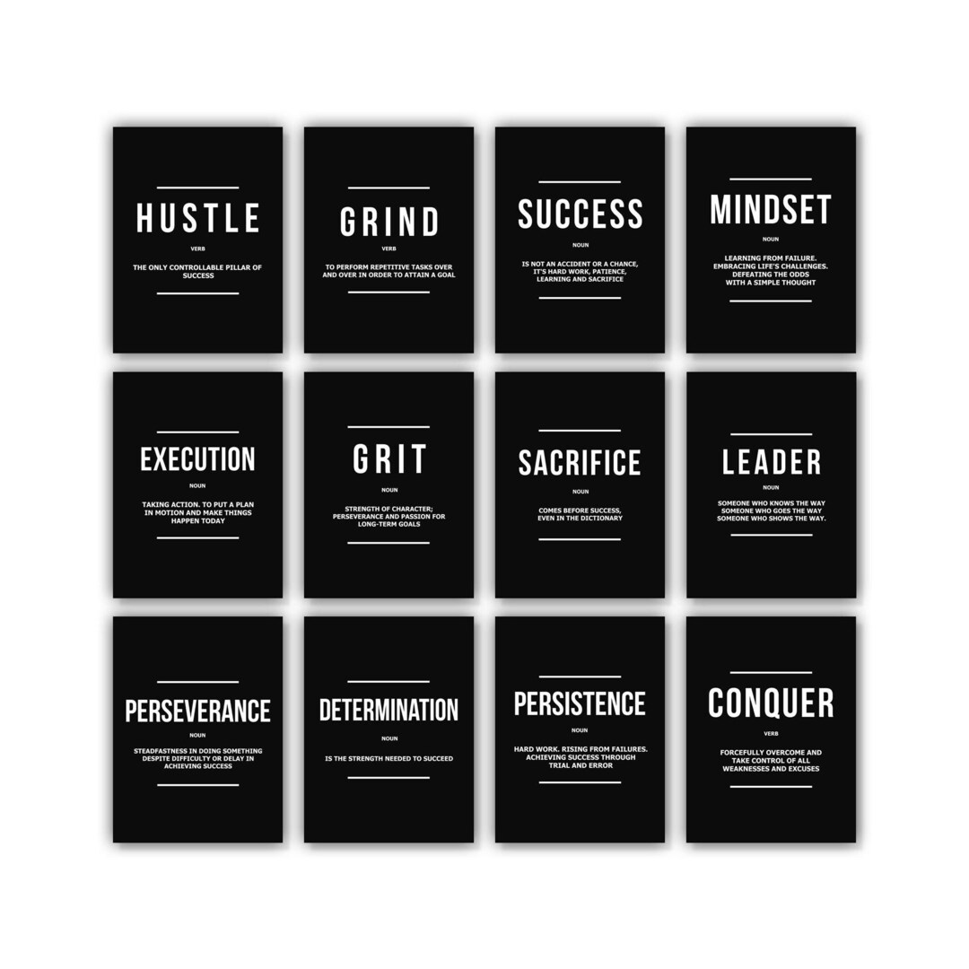 12x Hustle Grind Success Mindset Wall Art Set, Black Motivational ...