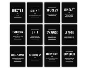 Juego de 12 lienzos de arte mural "Hustle Grind Success Mindset", pósteres tipográficos motivacionales negros, impresión en lienzo con cita de emprendedor, descarga digital