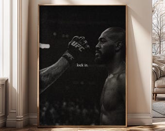 Jon Jones Lock In Leinwanddruck, UFC Motivationswandkunst, MMA Kämpfer Poster, Fitnessstudio Dekor, schwarz weiße Sportleinwand, Manneshöhle Kunst - SH435