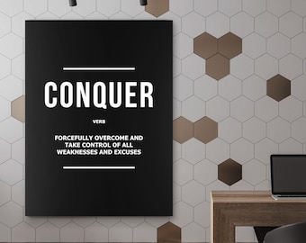 Impresión en lienzo de arte mural motivacional "Conquer" / Póster minimalista con cita negra / Decoración de oficina con mentalidad de éxito / Descarga digital
