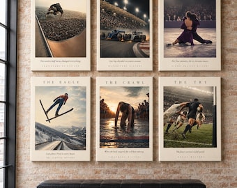 6x Vintage Sports Wall Art Set, Athletic Canvas Prints, Motorsport Rugby Skate Poster, Sports History Gallery Wall Decor