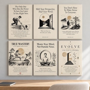 May include: A set of six rectangular wall art prints featuring black ink illustrations and motivational text on a cream background. Each print displays unique scenes including a person helping another, a doorway, a hiker, a martial artist, a meditator, and a staircase.