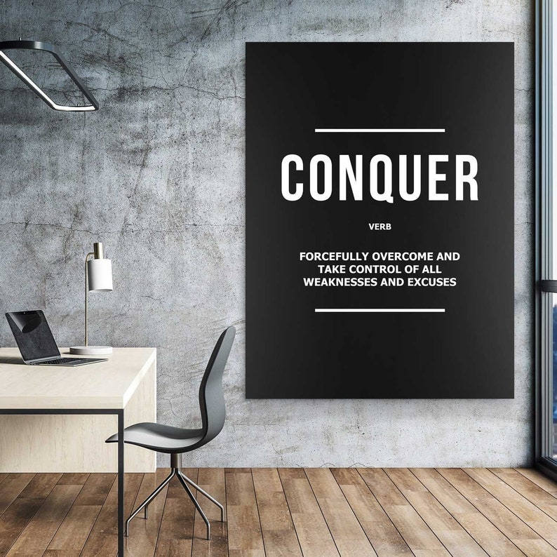 Conquer Motivational Wall Art Canvas Print | Minimalist Black Quote ...