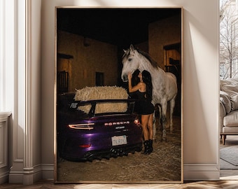 Luxury Car Horse Wall Art, Exotic Sports Car Canvas Print, Equestrian Decor, Luxury Lifestyle Poster, Modern Garage Wall Art Gift - SH545