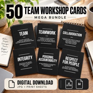 Puede incluir: Un conjunto de 50 tarjetas de taller de equipo negras con texto blanco que presentan definiciones para términos como Team, Teamwork, Collaboration, Integrity, Personal Accountability y Respect for People. El paquete incluye archivos digitales en A4.