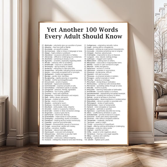 Educational Vocabulary Wall Art – 100 Words Every Adult Should Know Poster, English Language Learning Canvas, Study Room Decor, Teacher Gift