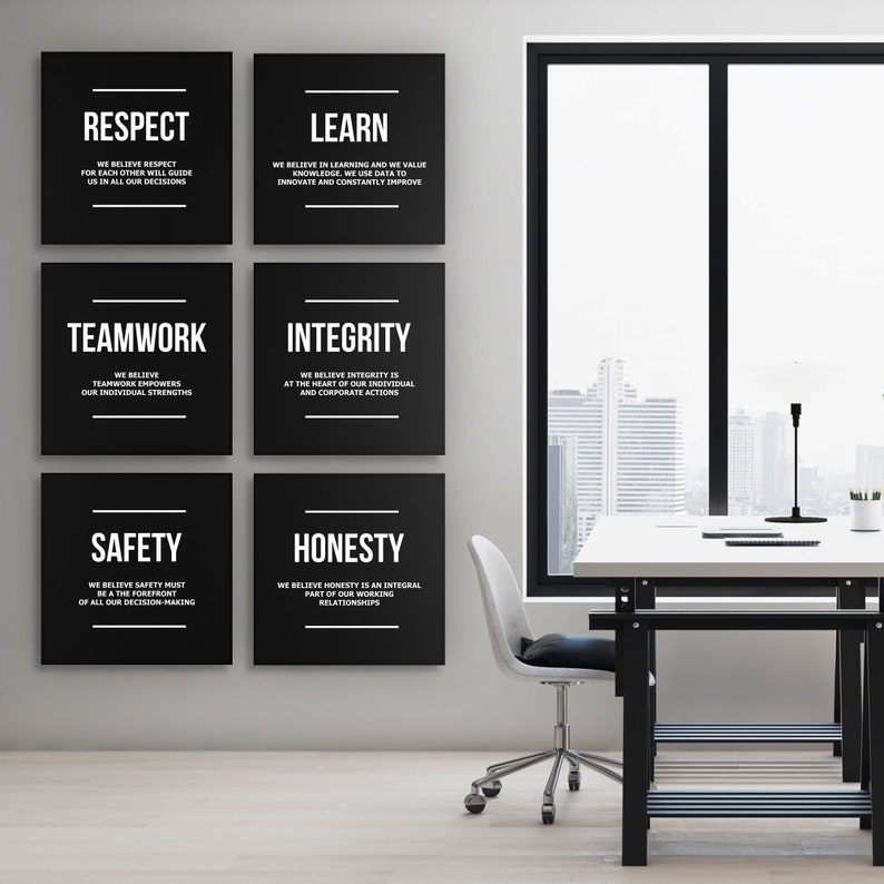 This inspirational teamwork wall art of Company Core Values will work as a daily reminder for your team to follow the simple principles of your successful company philosophy! Take your extra inspiration dose of honesty, safety, integrity, teamwork.