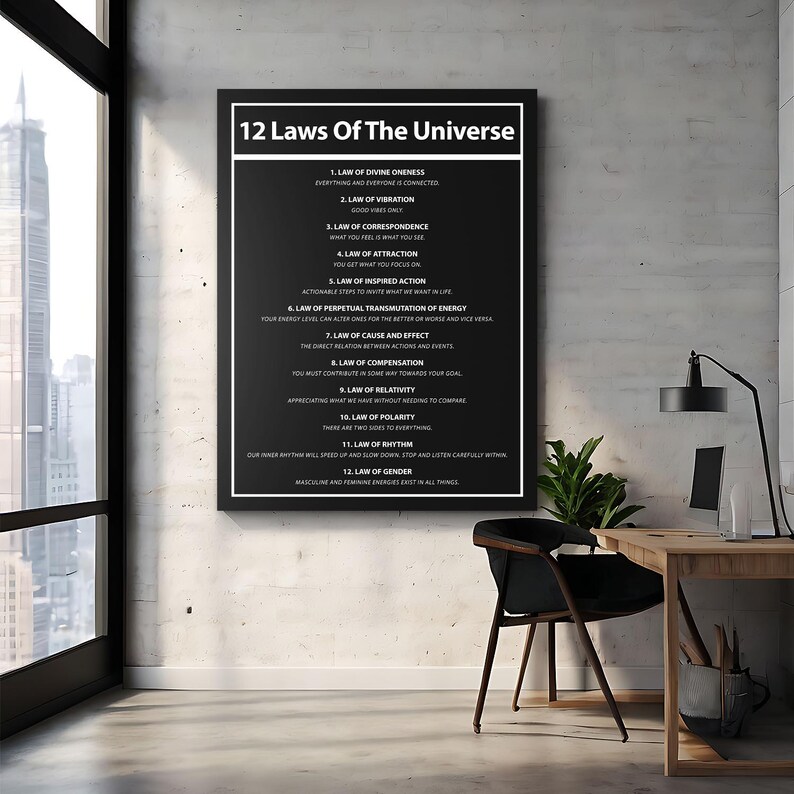 May include: A framed black poster with white text listing the "12 Laws of The Universe." The poster is displayed on a gray textured wall. The text includes laws such as "Divine Oneness" and "Vibration."