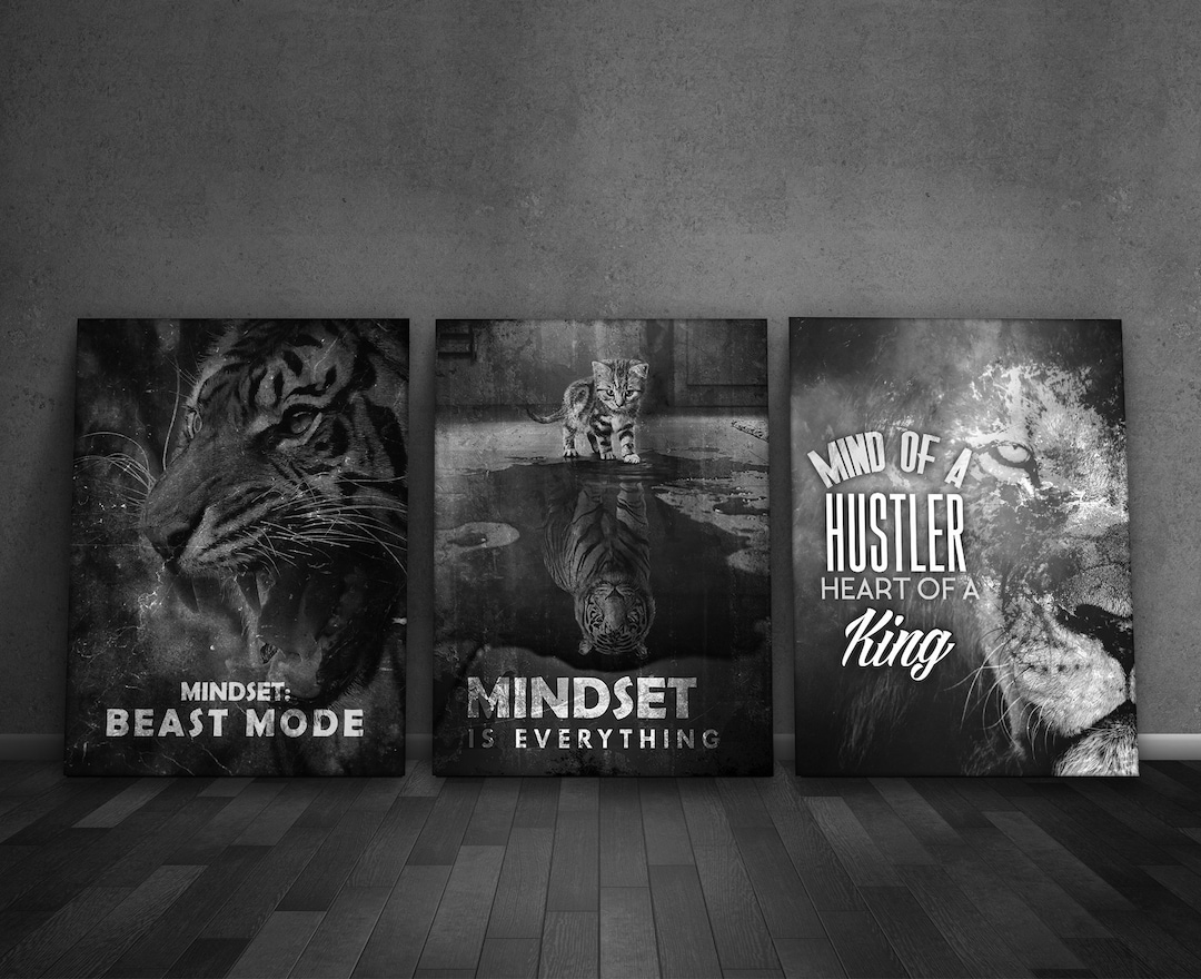 Mindset Wall Art Set – Beast Mode Tiger Lion Hustle Quote Canvas Print ...