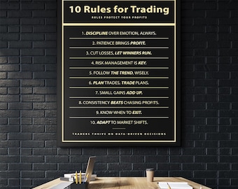 May include: A black and gold motivational poster with the text "10 Rules for Trading" and a list of rules for trading, including "Discipline over emotion, always", "Patience brings profit", and "Cut losses, let winners run".
