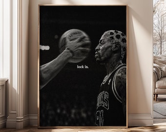 Lock In Dennis Rodman Wall Art Canvas Print, Basketball Motivation Poster, Black and White Sports Decor, Gym Office Artwork - SH431