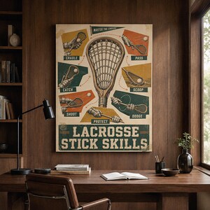 May include: A vintage-style instructional poster titled LACROSSE STICK SKILLS, featuring a large central lacrosse stick surrounded by six illustrations demonstrating techniques: cradle, pass, catch, scoop, shoot, dodge, and protect.