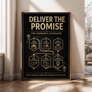 May include: A black rectangular poster with gold text and graphics titled DELIVER THE PROMISE THE COURIER'S STANDARD. It features a six-step process in hexagonal icons connected by a dotted path, ending with the text EVERY PACKAGE IS SOMETHING SOMEONE IS WAITING FOR.
