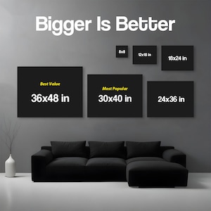 Puede incluir: Imagen que muestra varios tama&ntilde;os de lienzo: 20x20 cm, 30x46 cm, 46x61 cm, 61x91 cm, 76x102 cm y 91x122 cm. El texto "Bigger Is Better" se muestra en la parte superior. Tambi&eacute;n se ven los textos "Best Value" y "Most Popular".
