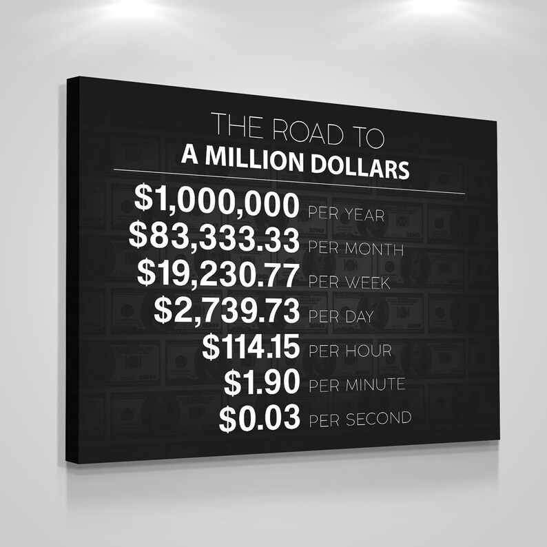 A Million Dollars road canvas print for your home, workspace, or office decor! When you have a million-dollar vision, dont surround yourself with 1 cent minds and get your daily reminder art print of what it takes to reach 1 Million Dollars a year