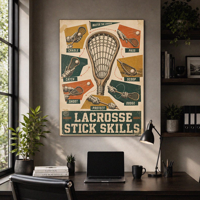 May include: A vintage-style poster titled Lacrosse Stick Skills featuring a large central lacrosse stick surrounded by six smaller illustrations demonstrating techniques labeled cradle, pass, catch, scoop, shoot, and dodge with arrows.