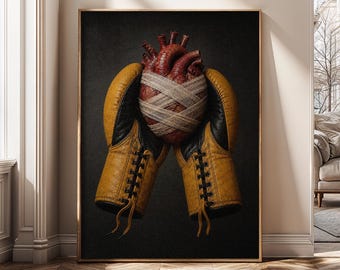 Anatomical Heart Wall Art Canvas Print, Boxing Gloves Decor, Fighter Mindset Poster, Gym Wall Decor, Motivational Office Art - SH543