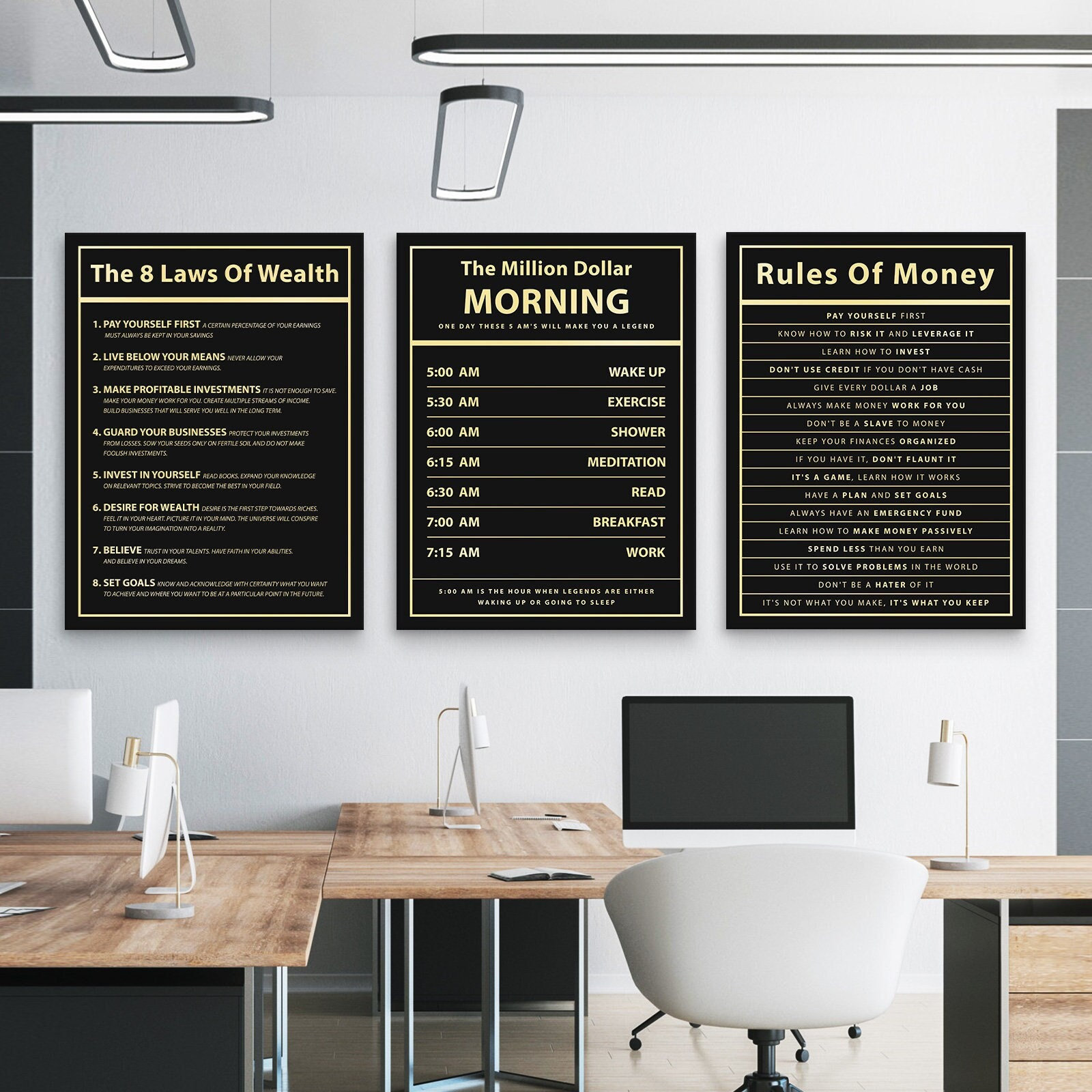 3 Pieces Money Wealth Motivational Canvas Prints Investor Wall Art Financial Education Quotes Invest Poster Investing Sign